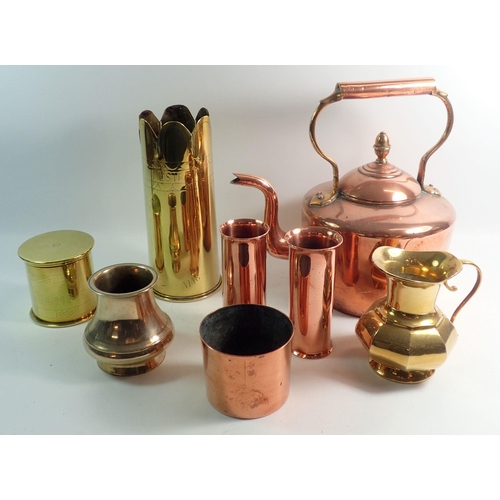 1092 - A Trench Art WWI vase, box and other metalware including copper kettle