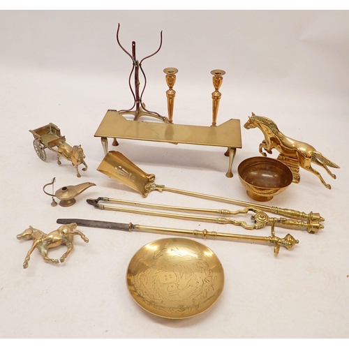 1093 - A large group of brass ware including fireside set etc.