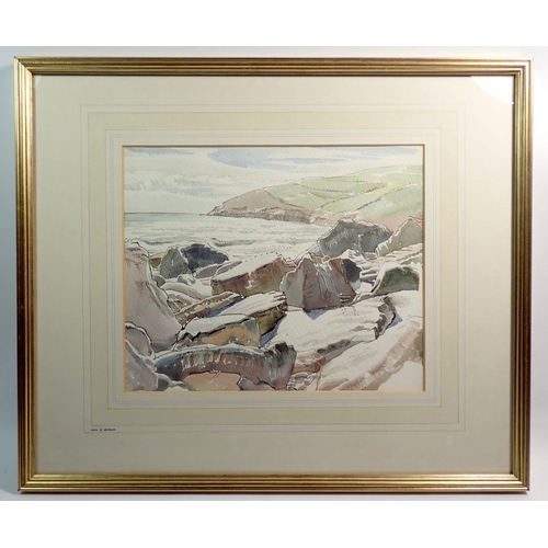 1096 - John S Willock - watercolour rocky coastal scene, 23 x 28.5cm