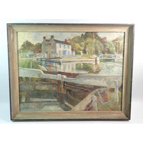 1098 - A vintage oil on board canal scene near Stroud  'Saul Junction' 37 x 49cm