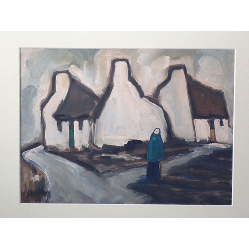 1101 - Markey Robinson, Irish (1918-1999) - oil on board figure and cottages, 20.5 x 27.5cm, purchased by t... 