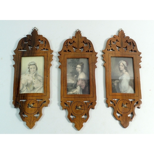 1108 - A 19th century set of three carved and pierced wooden Sorrento picture or photograph frames decorate... 