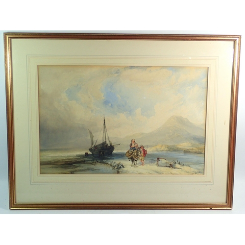 1115 - Charles Bentley - watercolour coastal scene with fishing boat and woman riding a donkey, signed, 28 ... 