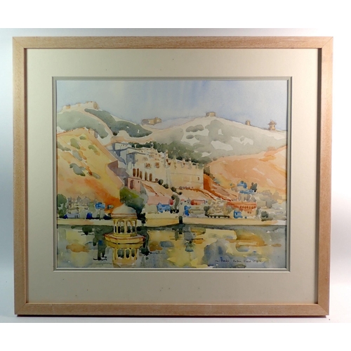 1121 - Robin Peers - watercolour of Bundi Palace from lakeside, 35 x 43cm