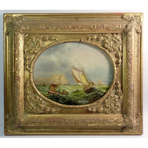 1123 - W Burgess - oil on oval panel marine scene with sailing boats on rough seas, 18 x 23cm