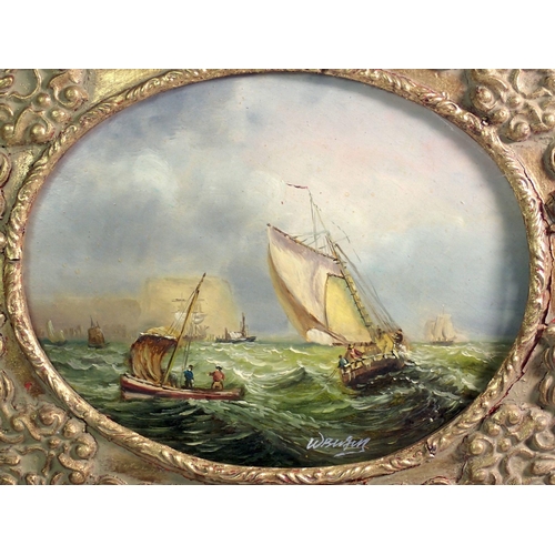 1123 - W Burgess - oil on oval panel marine scene with sailing boats on rough seas, 18 x 23cm