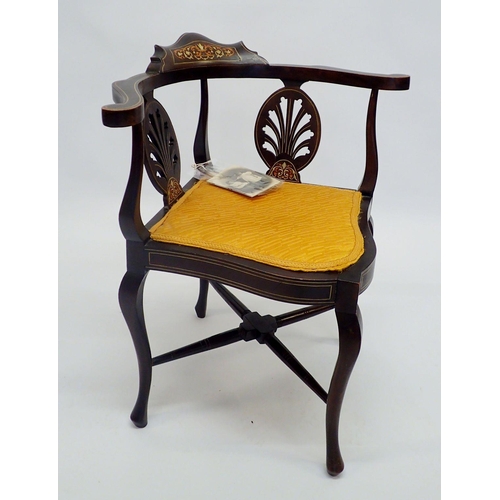 1131 - A Victorian mahogany corner chair with satinwood and faux ivory inlay, together with old photograph ... 