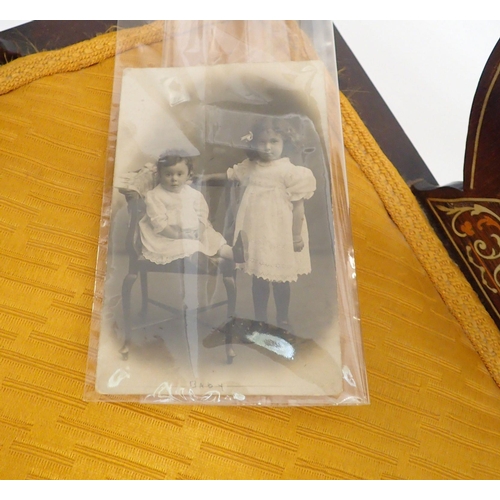 1131 - A Victorian mahogany corner chair with satinwood and faux ivory inlay, together with old photograph ... 