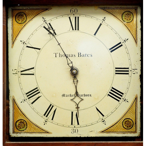 1136 - An 18th century longcase clock by Thomas Bates of Market Harboro with swan neck pediment over painte... 