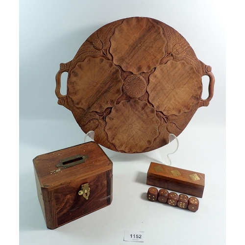 1152 - A woodenn platter carved lilly leaves, 35cm diameter and two wooden boxes