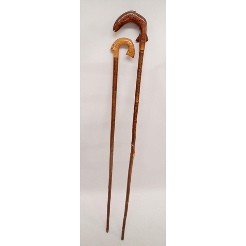 1158 - Two carved fish handle walking sticks