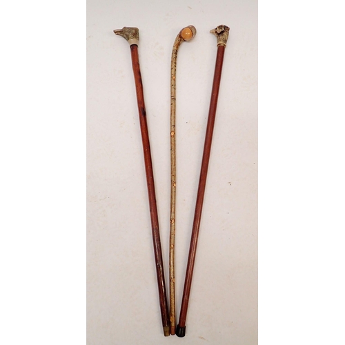 1160 - A dogs head walking stick, a pheasant one and one other