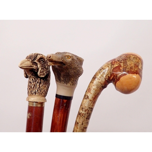 1160 - A dogs head walking stick, a pheasant one and one other