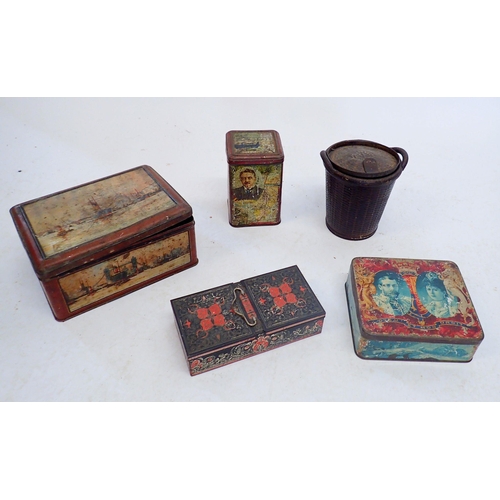 1174 - A collection of five vintage tins including a Huntley and Palmer tin in the shape of a wicker basket