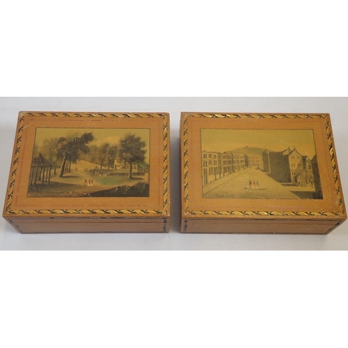 1191 - Two early 19th century wooden spa boxes with painted scenes and inlay to lid, 12cm wide