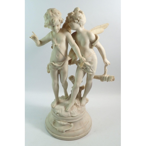 1195 - A 19th century alabaster group of cupid and young girl, 43cm tall