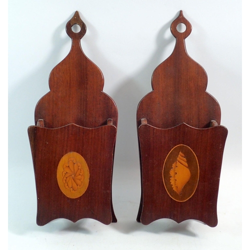 1198 - A pair of Edwardian mahogany candle boxes with satinwood inlaid shell and paterae, 29cm tall