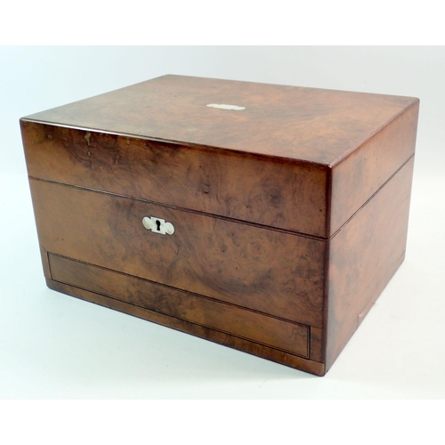 1201 - A Victorian walnut cased toiletry and work box with fitted interior and contents of glass and silver... 