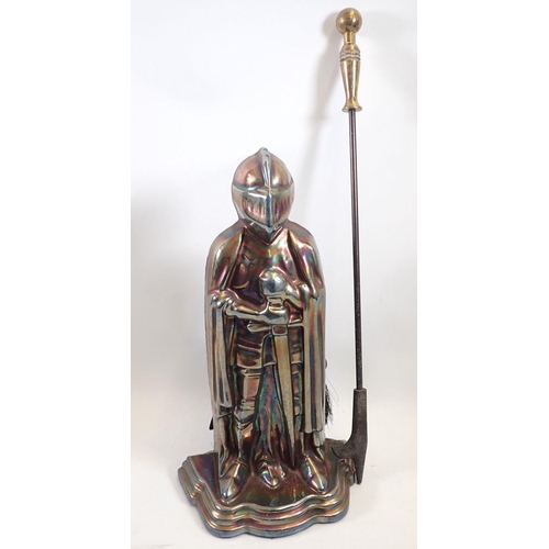 1202 - A lustred knight fireside set and a brass handled poker, knight 37cm tall