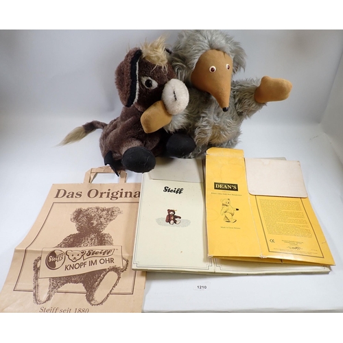 1210 - A Merrythought donkey pyjama case, a Womble soft toy plus a Steiff box, Steiff bag and Deans box