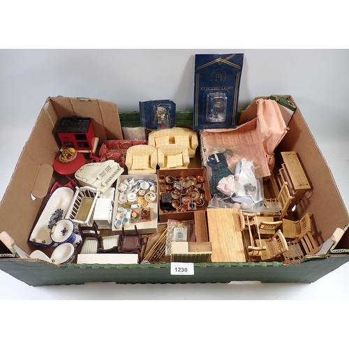 1230 - A box containing a good quantity of dolls house furniture and accessories, kitchen utensils, porcela... 