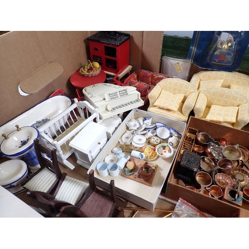 1230 - A box containing a good quantity of dolls house furniture and accessories, kitchen utensils, porcela... 