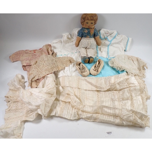 1231 - A Victorian lace christening gown and bonnet with two other more modern childrens outfits and a Dean... 