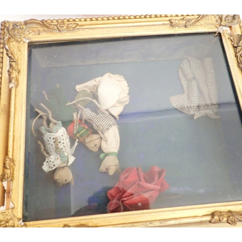 1236 - A collection of antique and later dolls etc in boxed frames, largest 39 x 35cm