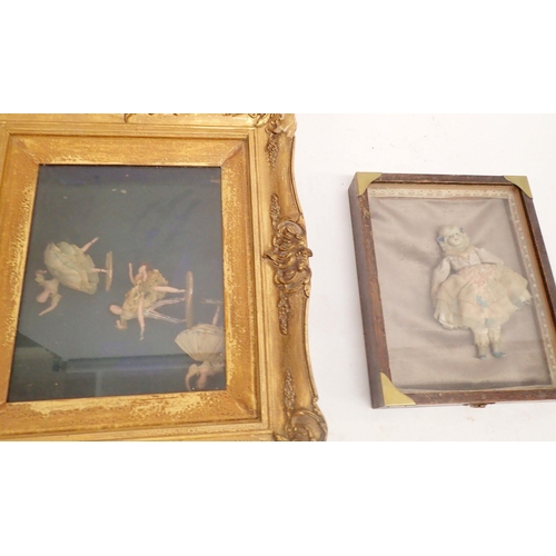 1236 - A collection of antique and later dolls etc in boxed frames, largest 39 x 35cm