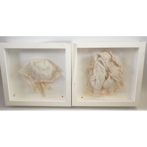 1239 - A Victorian lady's bonnet and a child's bonnet cased in glazed picture frames, 31 x 29cm