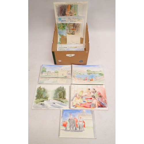 1243 - A box containing over 75 watercolour pictures from an amateur artist including artist booklets etc.