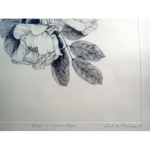 1249 - Ruth de Monchaux - limited edition, etching of a rose 8/12, 34 x 26cm and K Howgate - pen and ink ra... 