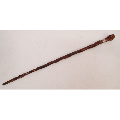 1306 - An Australian carved wood hand and snake walking stick with silver collar, Birmingham 1901, 84cm