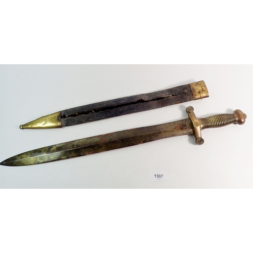 1307 - A French short sword with brass handle stamped Talabot 1832, Paris in a leather scabbard, 65cm