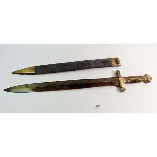 1307 - A French short sword with brass handle stamped Talabot 1832, Paris in a leather scabbard, 65cm