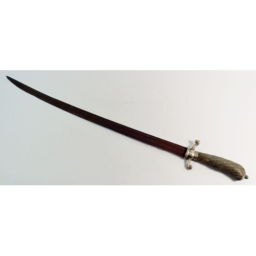 1308 - A continental antique sword with silver mounted carved horn hilt, 70cm long