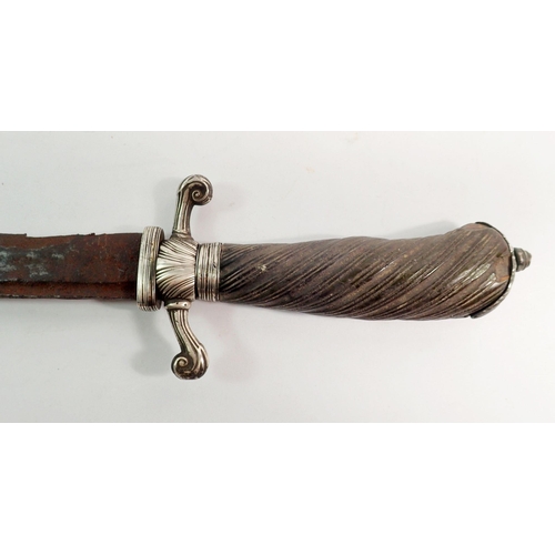 1308 - A continental antique sword with silver mounted carved horn hilt, 70cm long