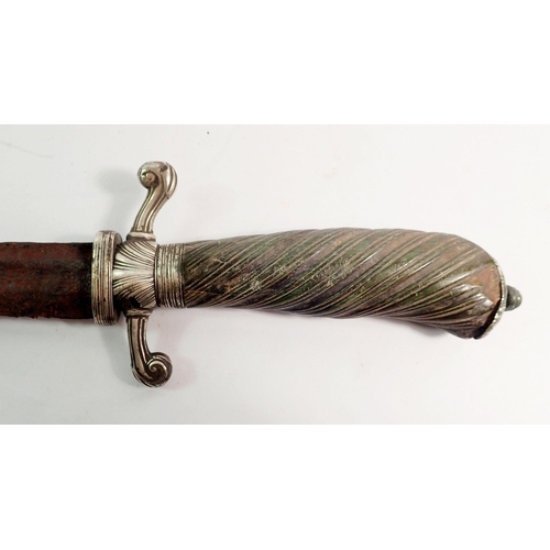 1308 - A continental antique sword with silver mounted carved horn hilt, 70cm long