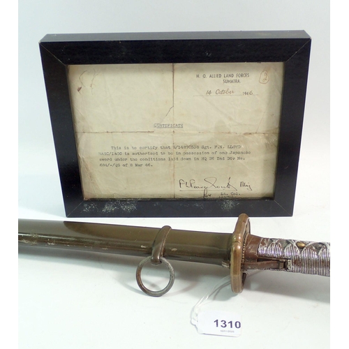 1310 - A Japanese military sword with certificate, 14/10/1946