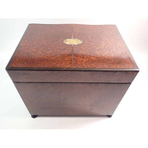 1334 - A 19th century French amboyna travelling decanter box with fitted interior including four cut glass ... 