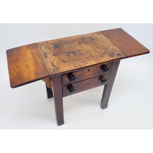 1335 - An antique mahogany drop flap table with two drawers on square supports, 68cm when drops down