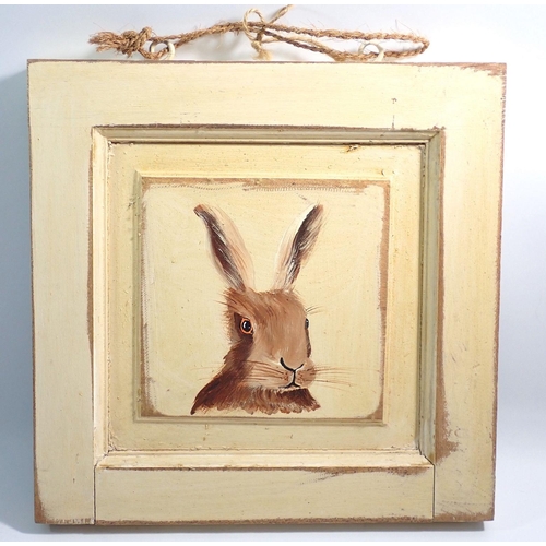 1366 - An oil on chamfered panel of a hare, 20 x 20cm