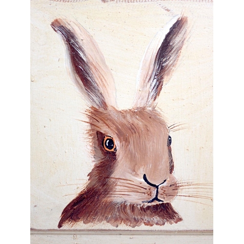 1366 - An oil on chamfered panel of a hare, 20 x 20cm