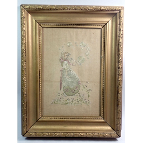 1381 - An Edwardian embroidered picture of a girl blowing bubbles, 28 x 19cm