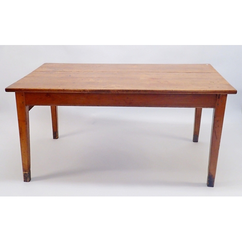 1385 - A 19th century French cherry wood farmhouse dining table with drawer and square supports, 89cm x 153... 