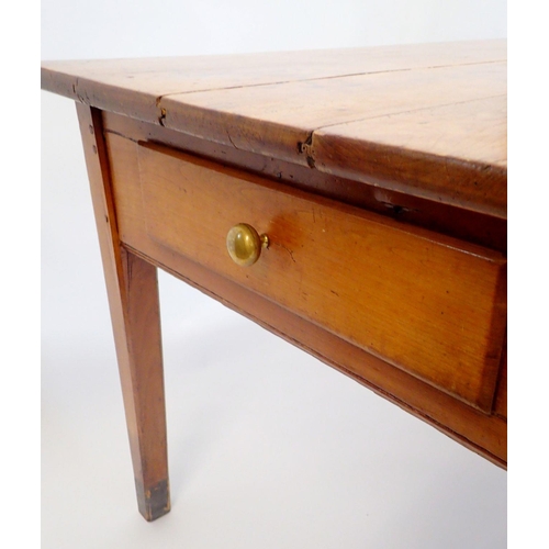 1385 - A 19th century French cherry wood farmhouse dining table with drawer and square supports, 89cm x 153... 