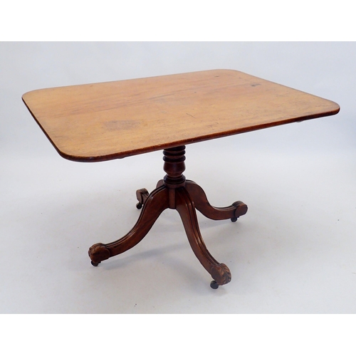 1386 - A 19th century mahogany rectangular breakfast table on turned column and moulded quadruple scroll su... 