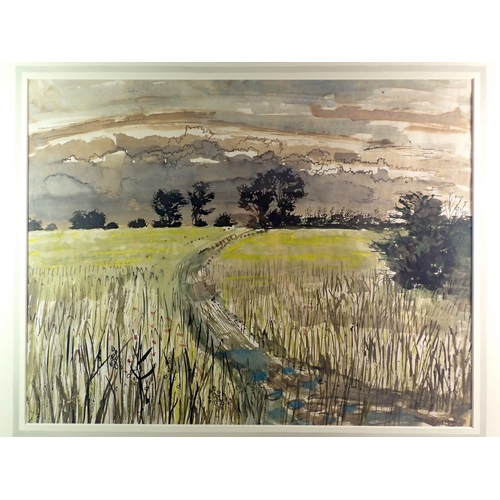 1395 - John Scorrer O'Connor - watercolour cornfield under stormy skies (1913-2004) 45 x 58cm