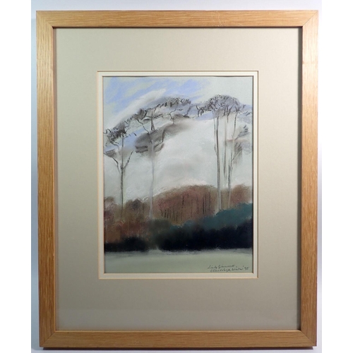 1396 - Lindy Guinness - pastel with trees Chandegabe Winter '95, 29 x 22cm