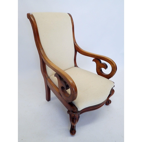 1402 - A Victorian mahogany framed open armchair with scroll back and arms, upholstered in oatmeal, on cabr... 